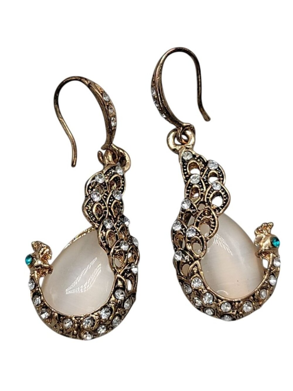 Peacock Dangle Hook Earrings Gold Tone Rhinestone Caged Faux Gem Elegant Look